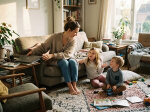 Mom enjoying screen-free time with children
